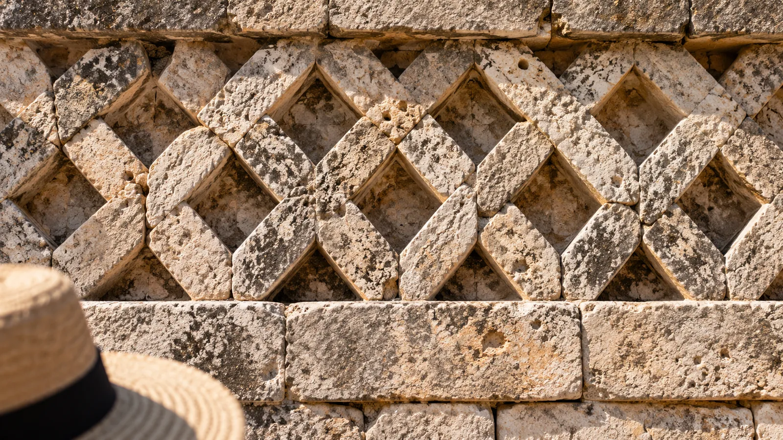 Detalle de piedra inspirado en los mosaicos geométricos del estilo Puuc. Ilustración creada con IA.