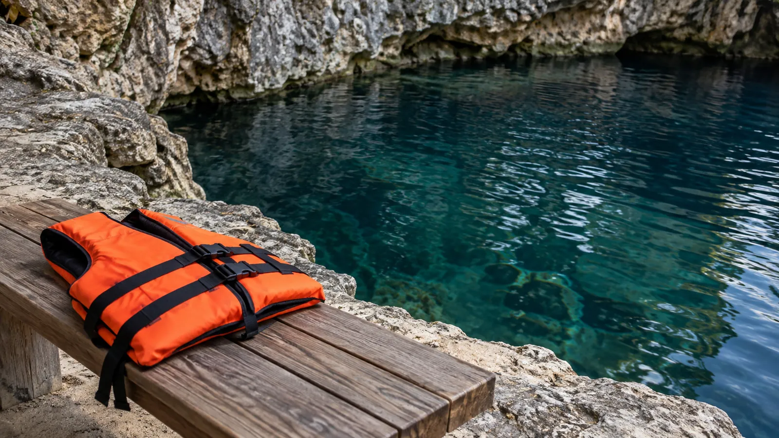 Chaleco salvavidas junto al agua y la piedra caliza de un cenote imaginado. Ilustración creada con IA.
