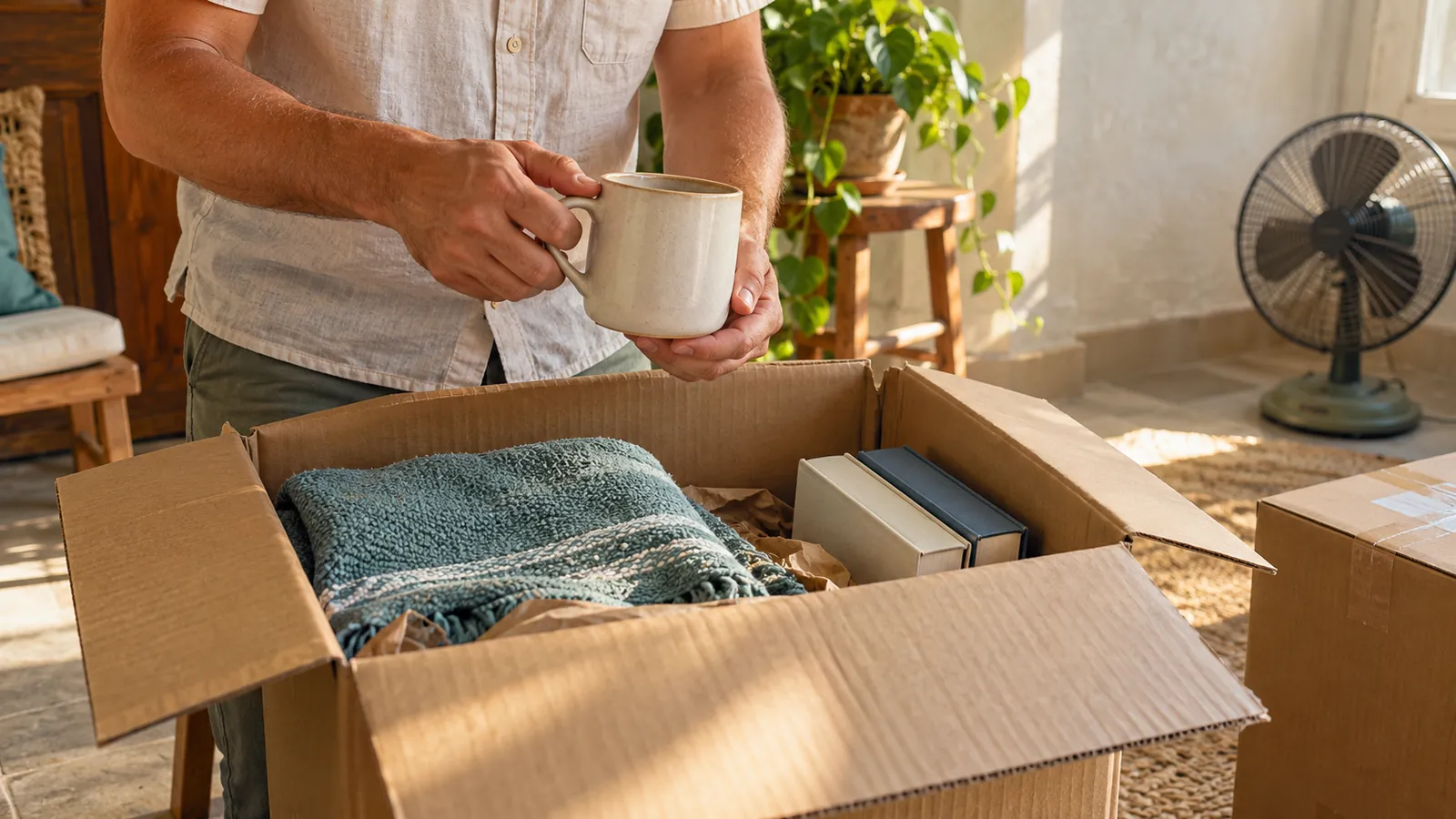 Adult unpacking household items in a home. AI-generated illustration.