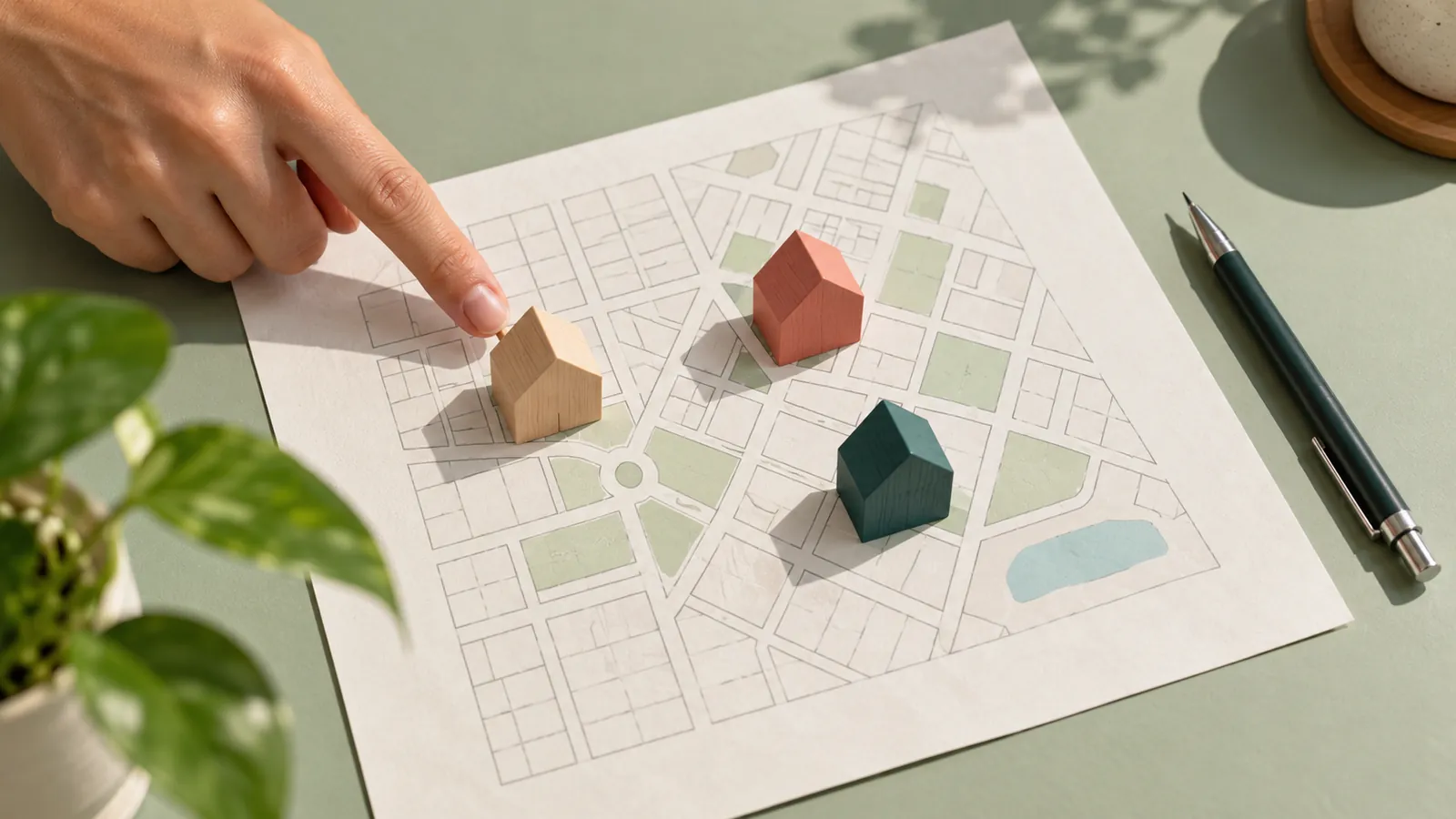 Comparación conceptual de tres ubicaciones sobre una cuadrícula urbana abstracta. Ilustración creada con IA.