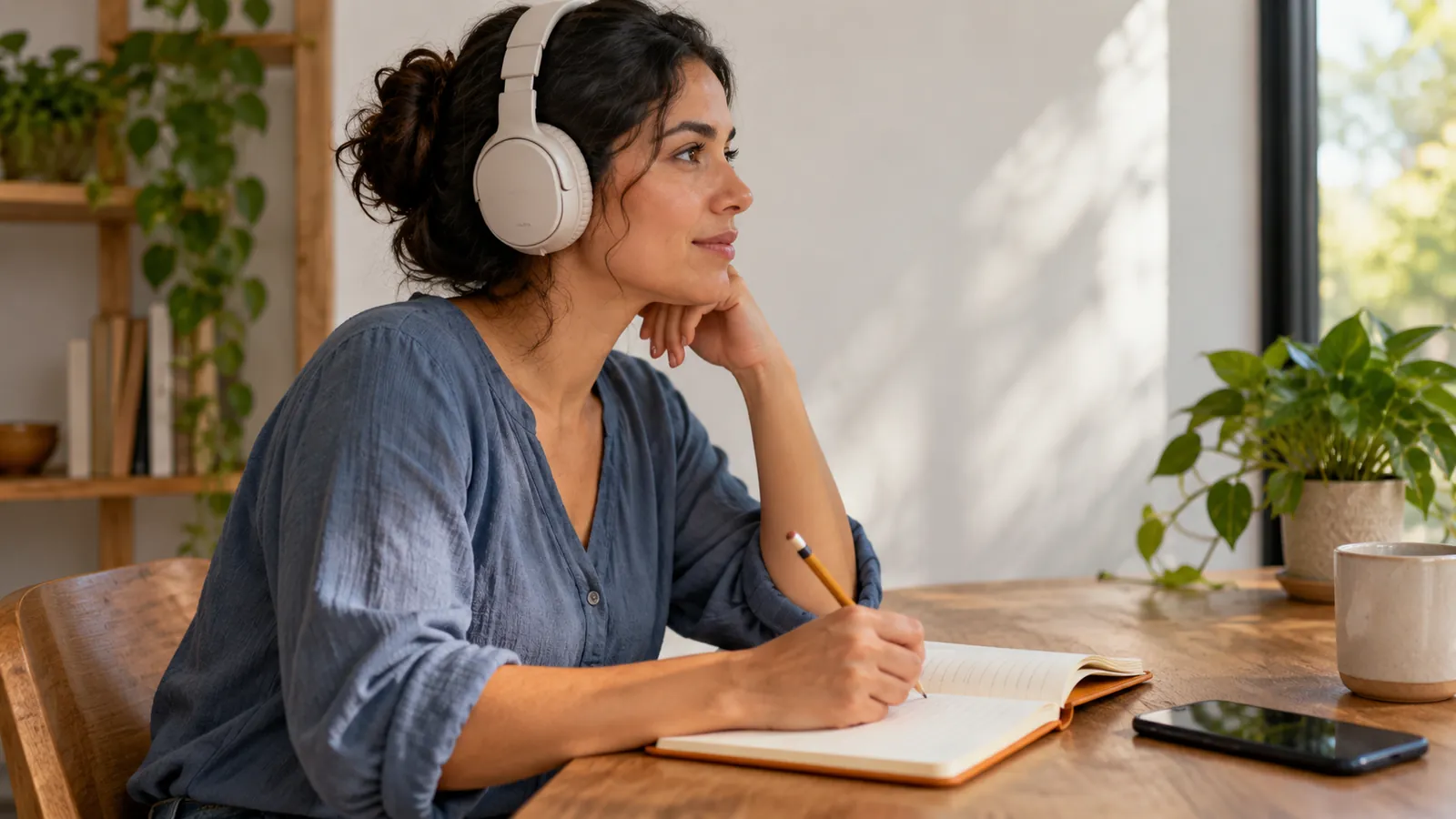 Aprendizaje contemporáneo de idiomas con audio y cuaderno. Ilustración creada con IA.
