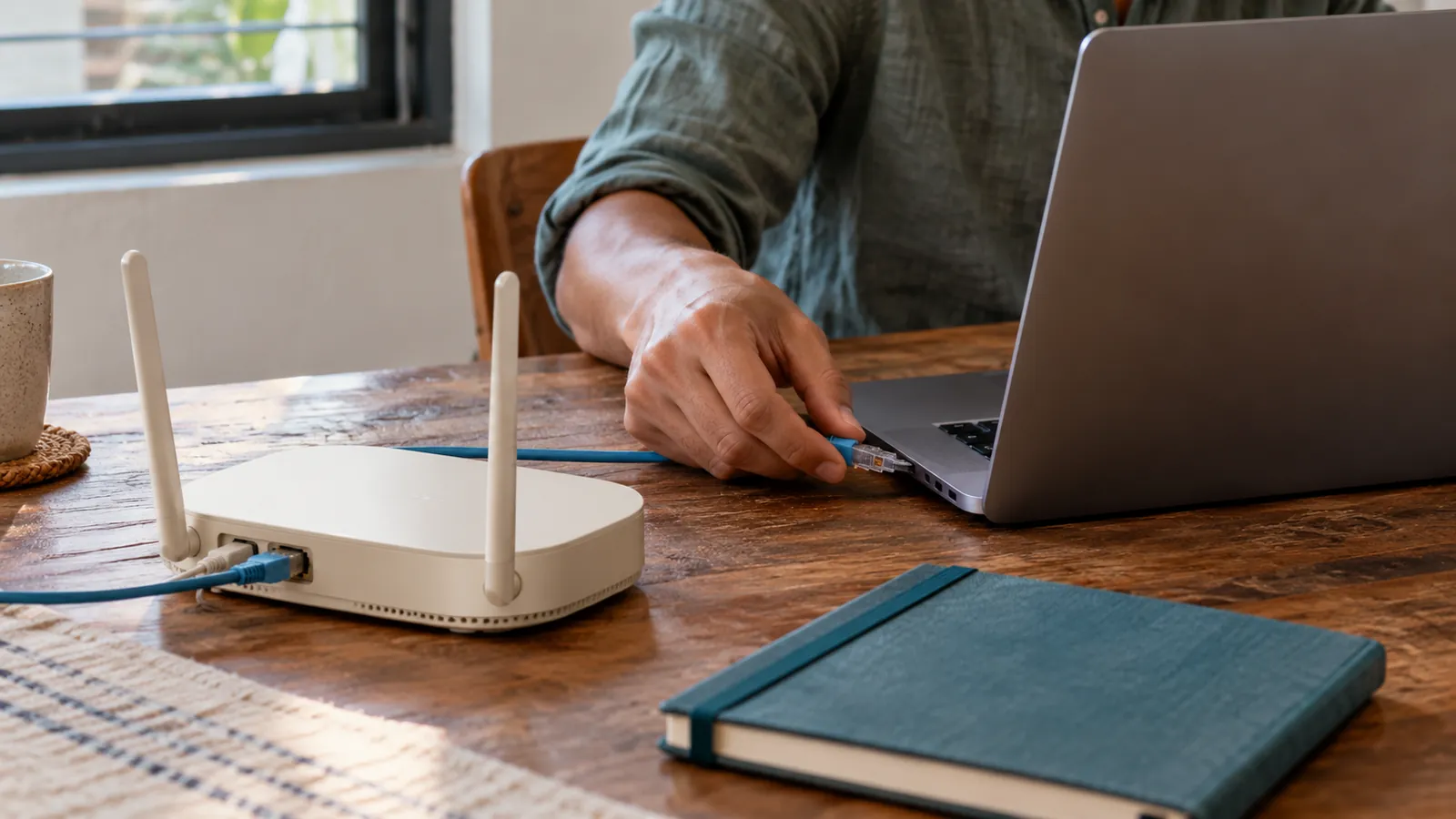 Router, laptop and wired connection in a workspace. AI-generated illustration.
