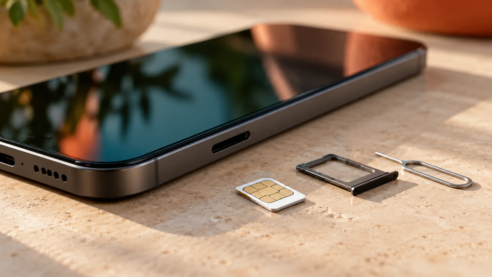 Phone, SIM card and tray. AI-generated illustration.