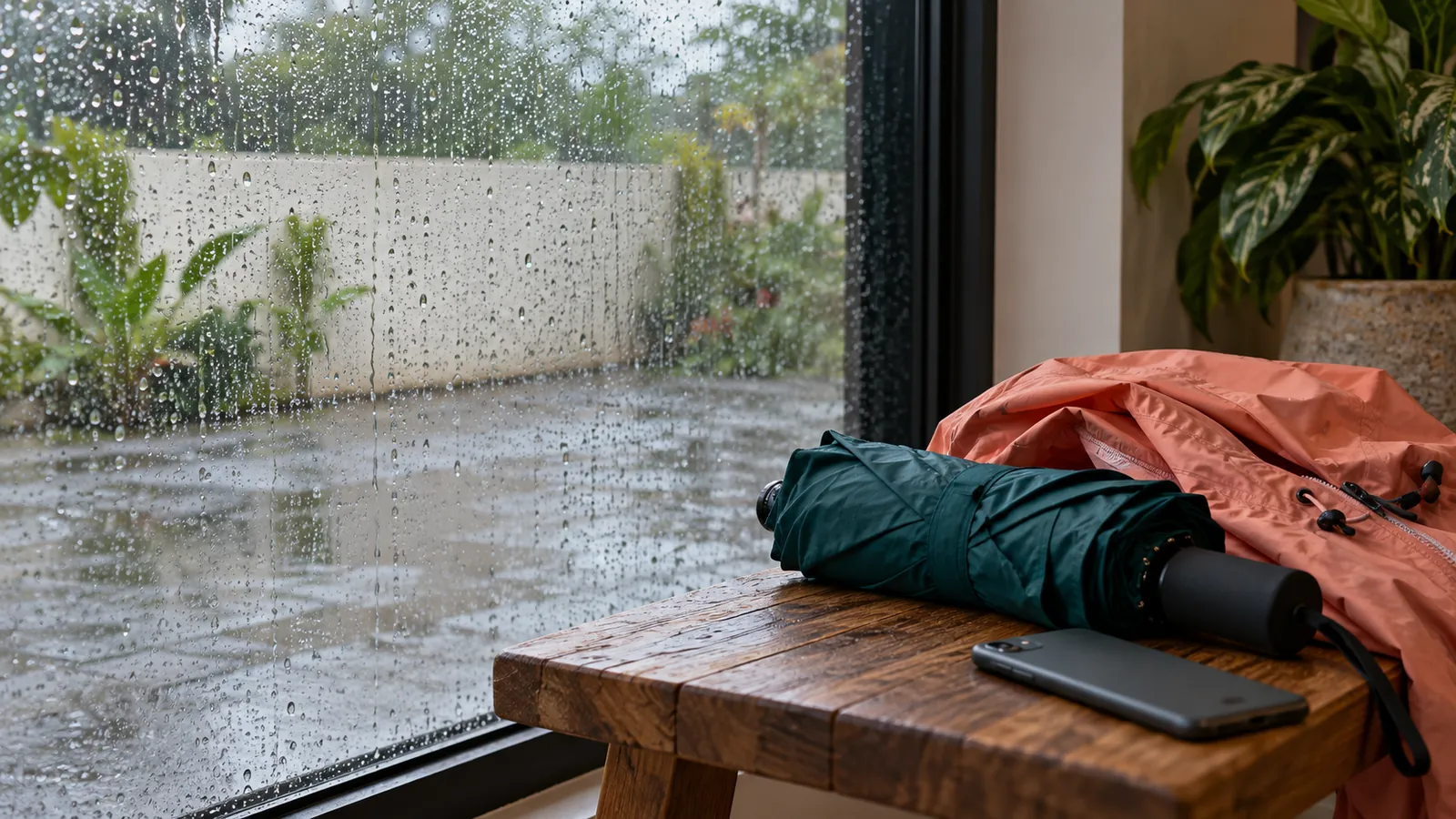 Paraguas e impermeable preparados junto a una ventana con lluvia. Ilustración creada con IA.