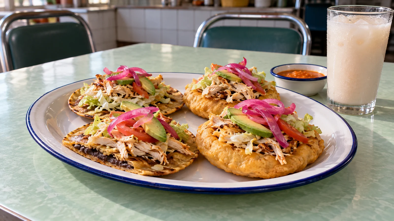 Chicken panuchos and salbutes with vegetables and pickled onion, served with horchata. AI-generated conceptual illustration.