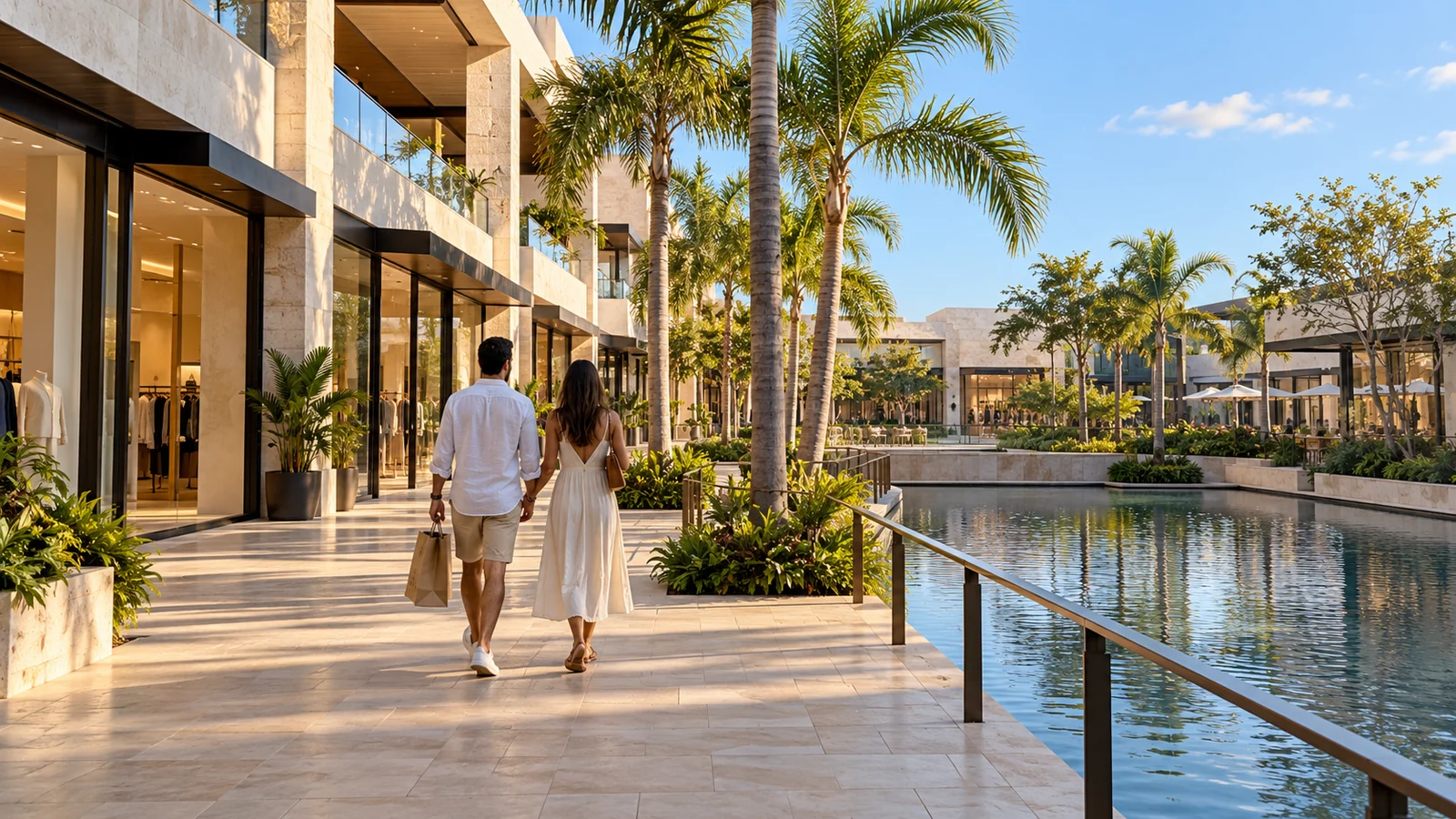 Two adults walk along a conceptual shopping promenade beside water and palms. AI-generated conceptual illustration.
