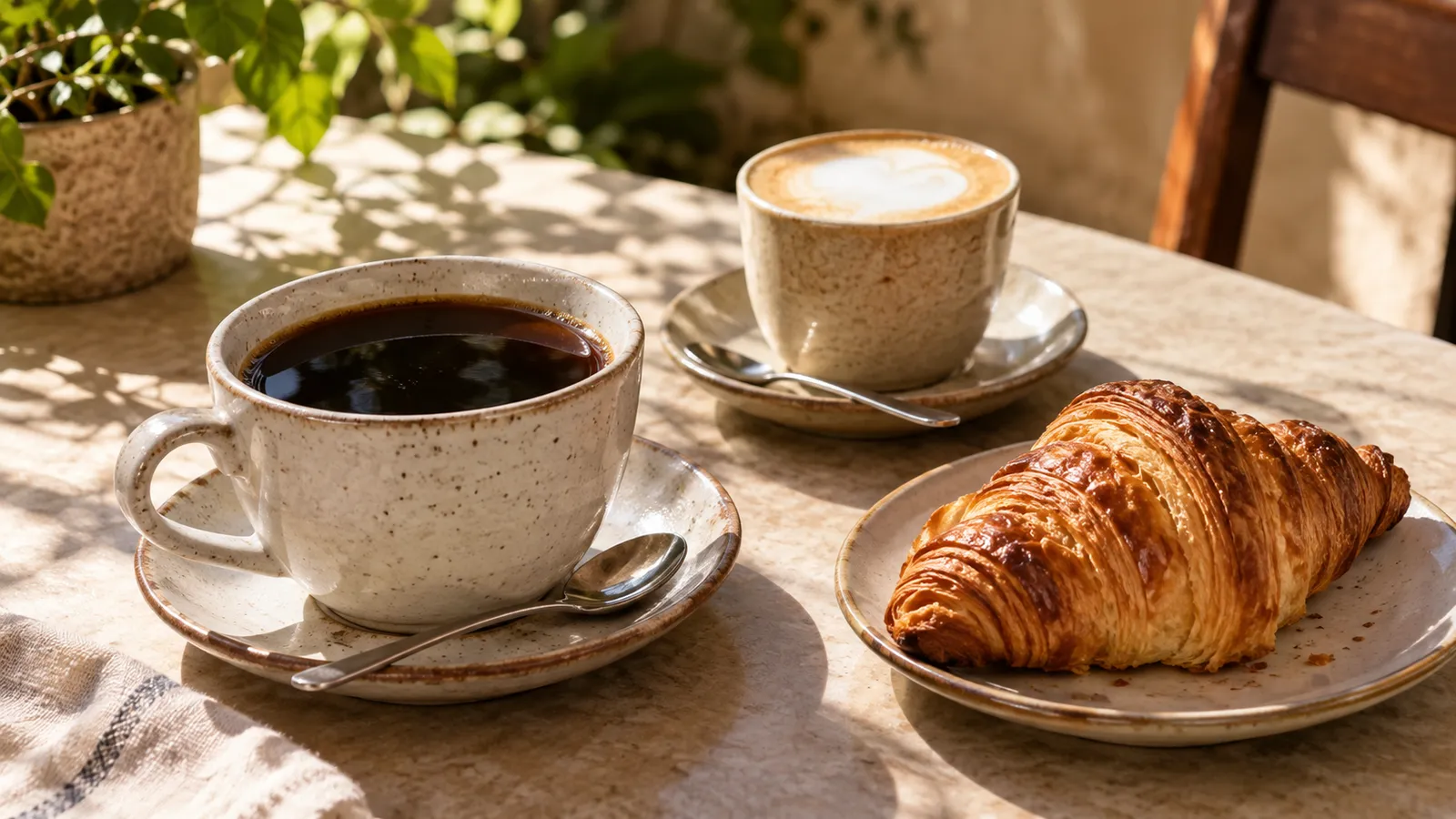 Taza de café negro, un latte pequeño y una pieza de hojaldre en una mesa al sol. Ilustración creada con IA.