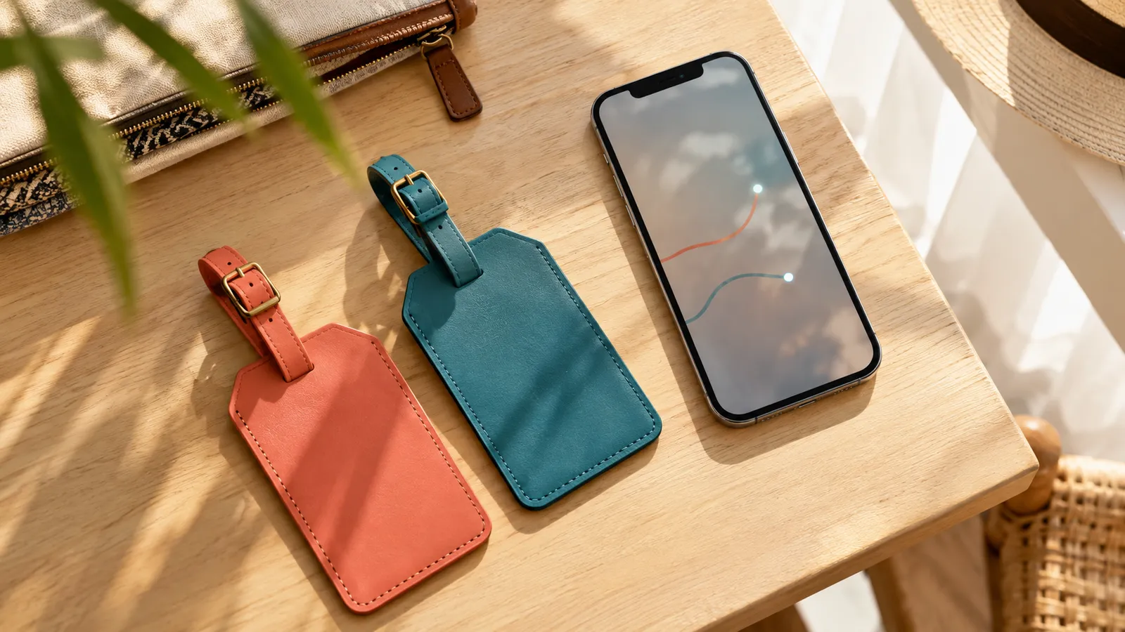Phone beside two differently coloured luggage tags. AI-generated illustration.