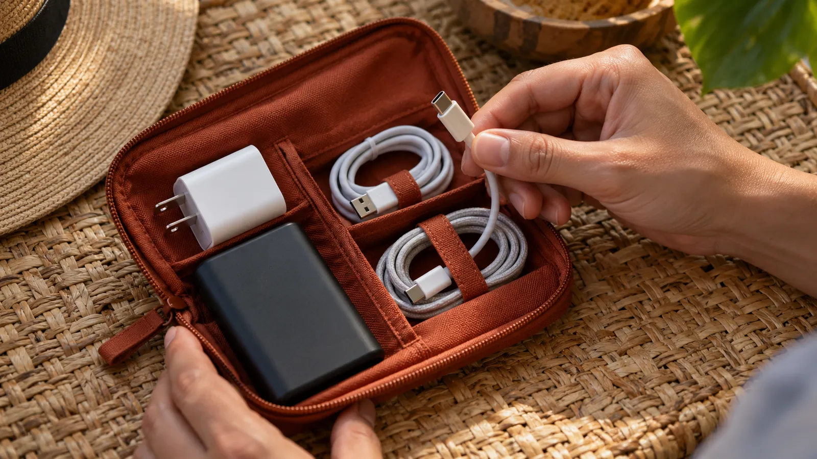 Cargador, batería externa y cables ordenados en una bolsa pequeña. Ilustración creada con IA.