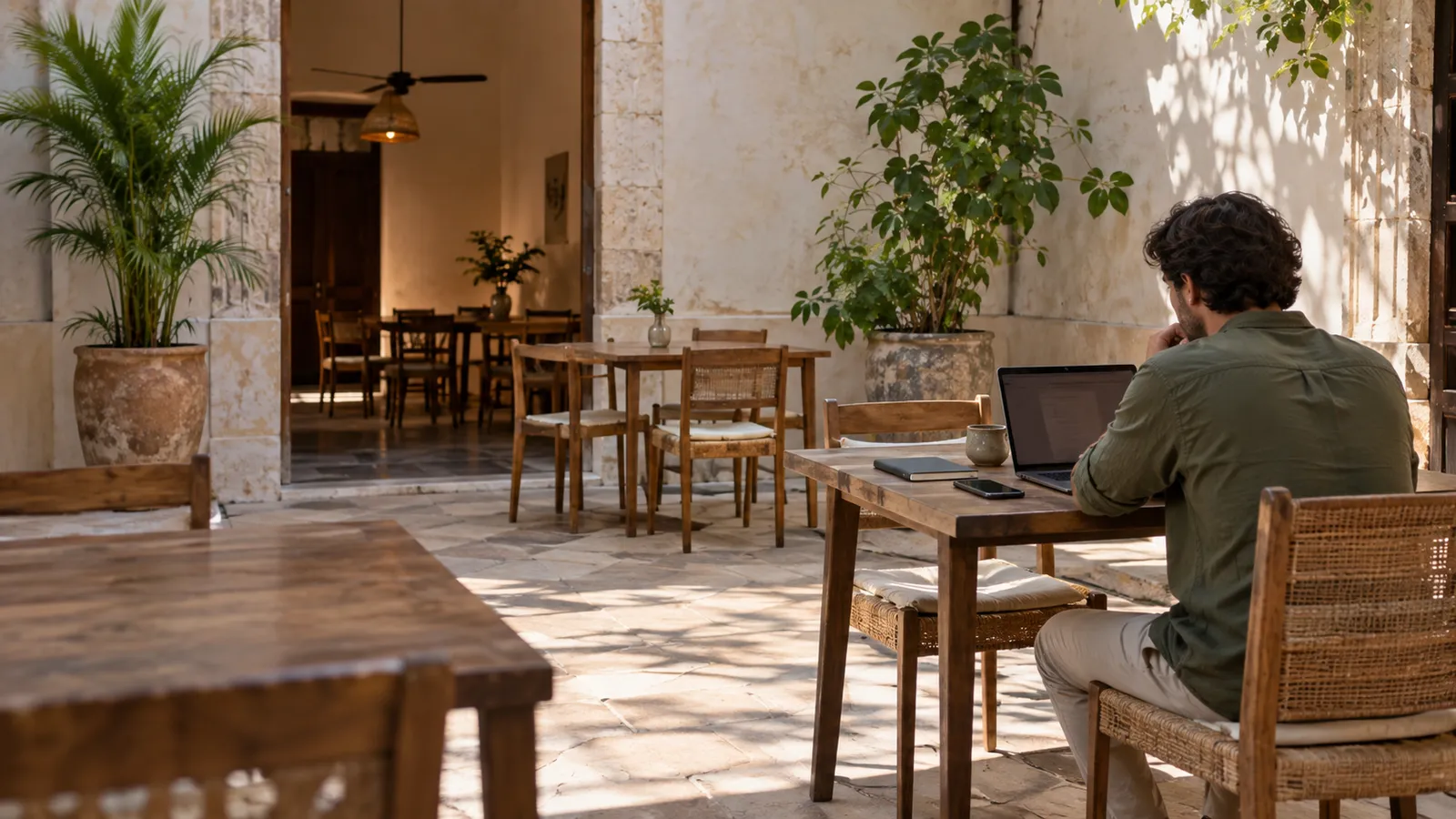 Person using a laptop at a shaded café table. AI-generated illustration.