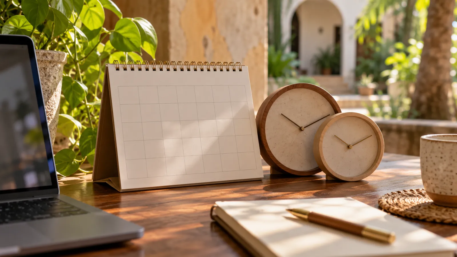 Work calendar and two clocks for coordinating time zones. AI-generated illustration.