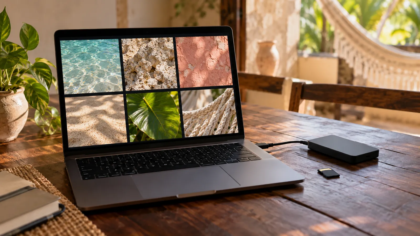 Computadora y una unidad externa para revisar un respaldo de fotos. Ilustración creada con IA.