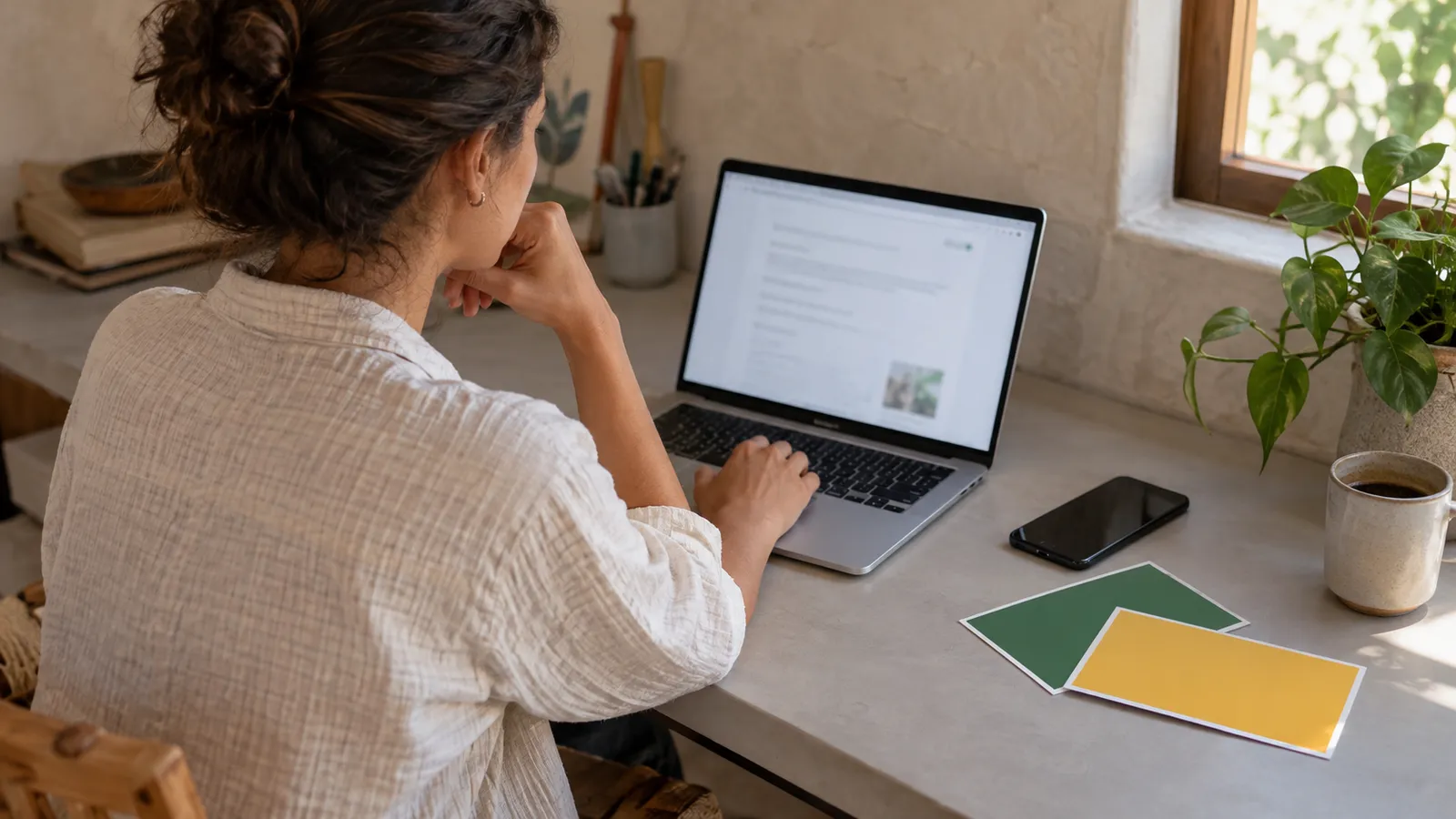 Person consulting a laptop with a phone beside it. AI-generated illustration.