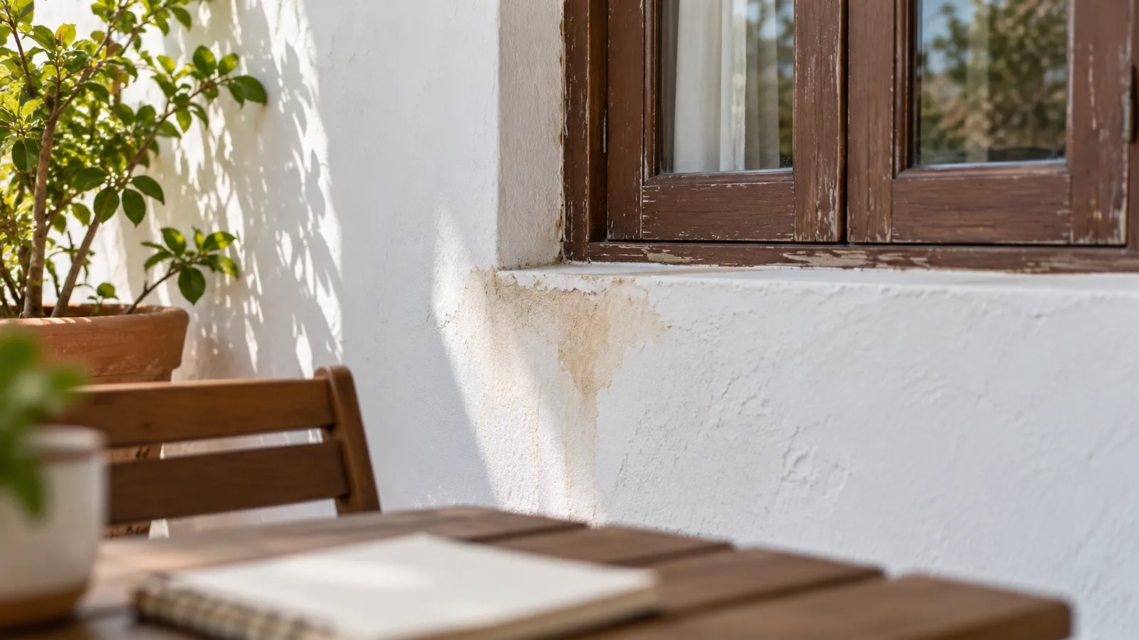 Water stain beside a window during a home viewing. AI-generated illustration.