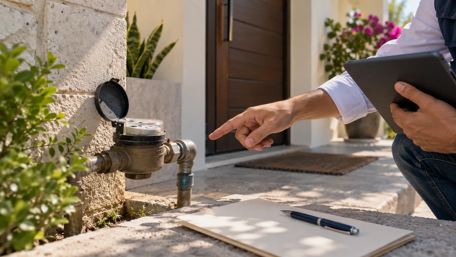 Residential water meter beside a folder for bills. AI-generated illustration.