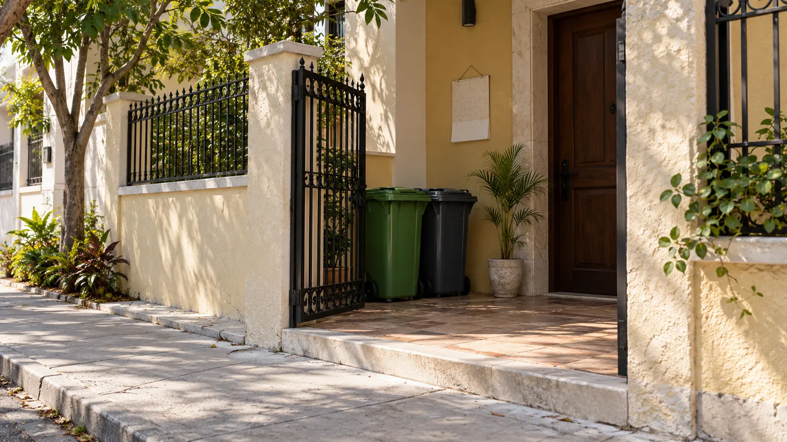 Closed waste bins beside an entrance with the pavement clear. AI-generated illustration.