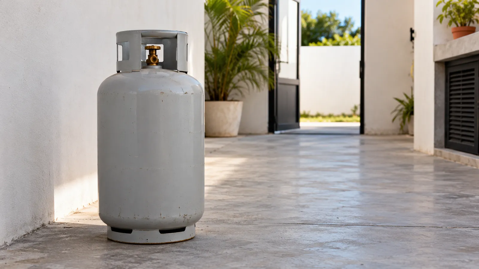 Clear outdoor service area for an LP gas cylinder. AI-generated illustration.