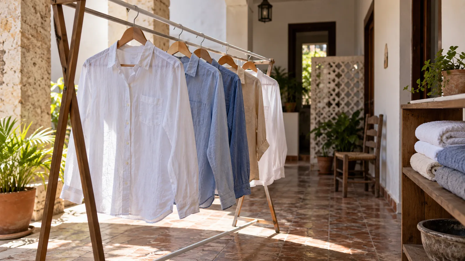 Clothes spaced on a drying rack under cover in a bright patio. AI-generated illustration.