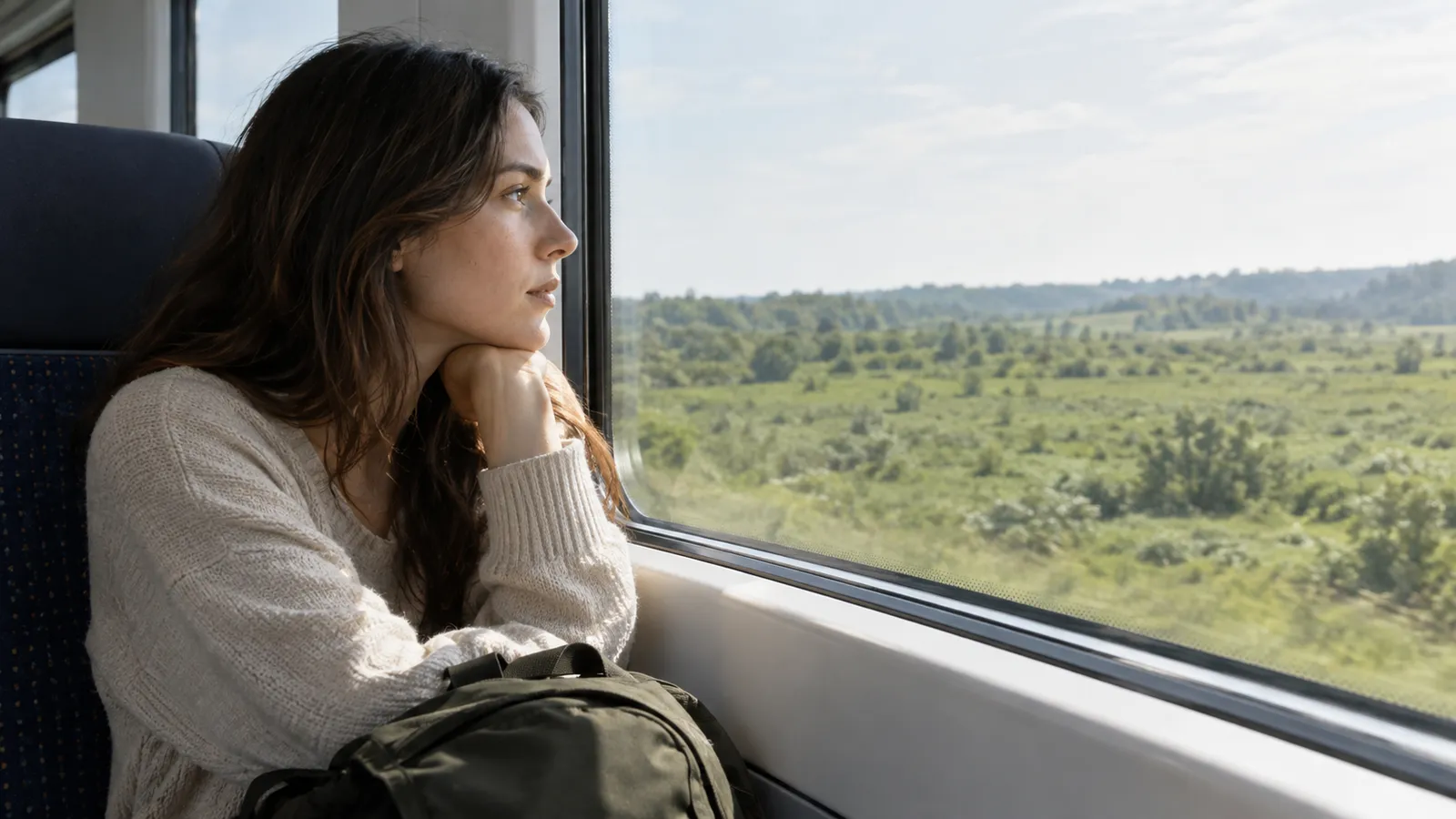 Travel bag beside a train window. AI-generated illustration.