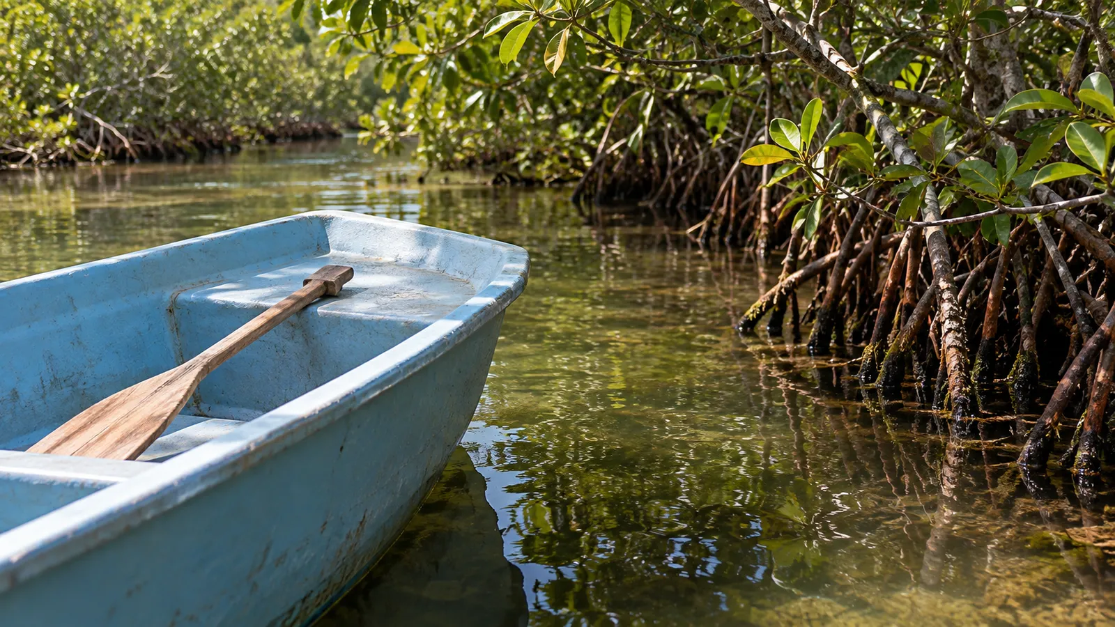 Small boat beside mangrove roots. AI-generated illustration.