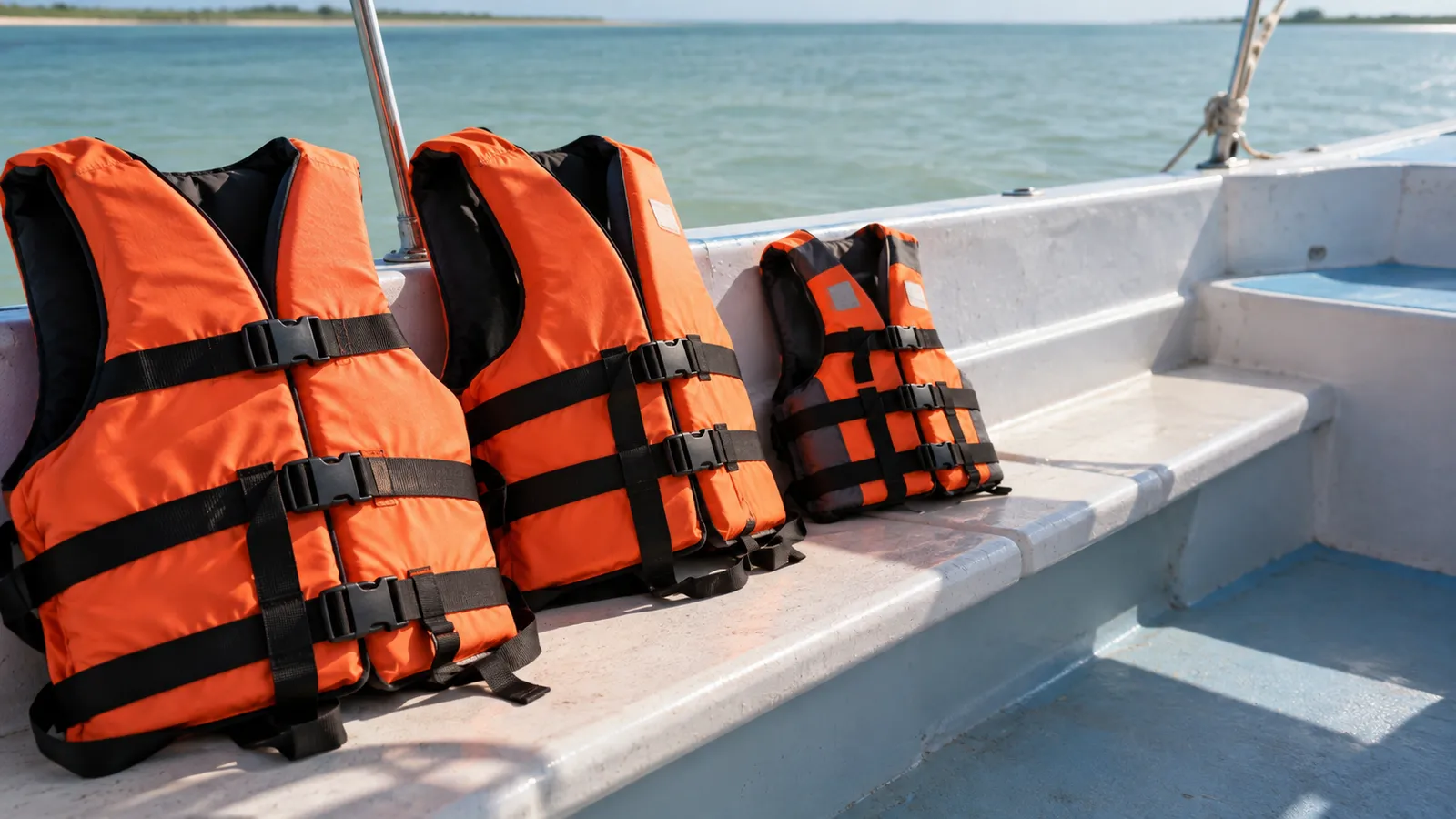 Life jackets laid out inside a small boat. AI-generated illustration.