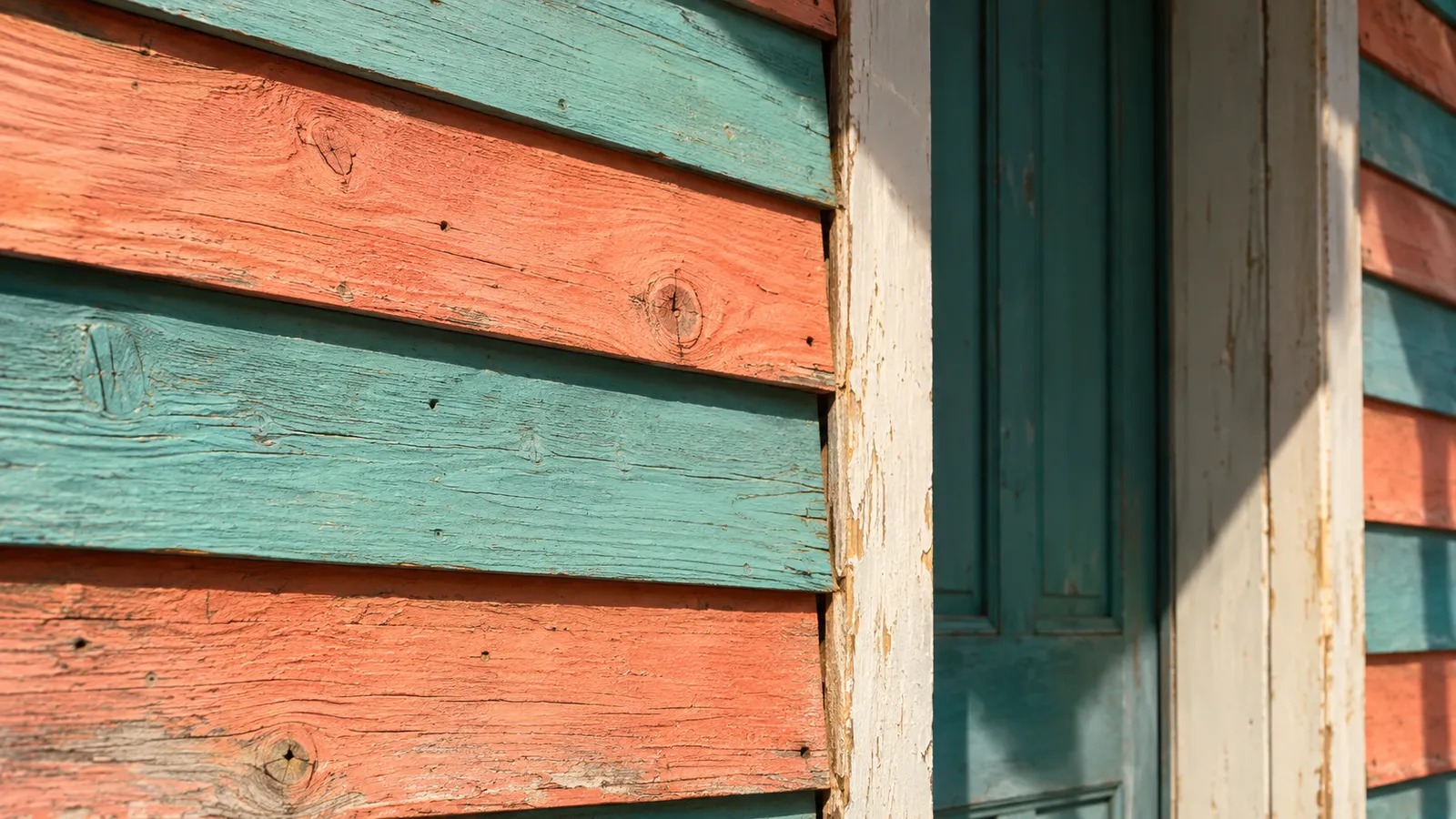 Detalle de madera pintada y una puerta de inspiración costera. Ilustración creada con IA.