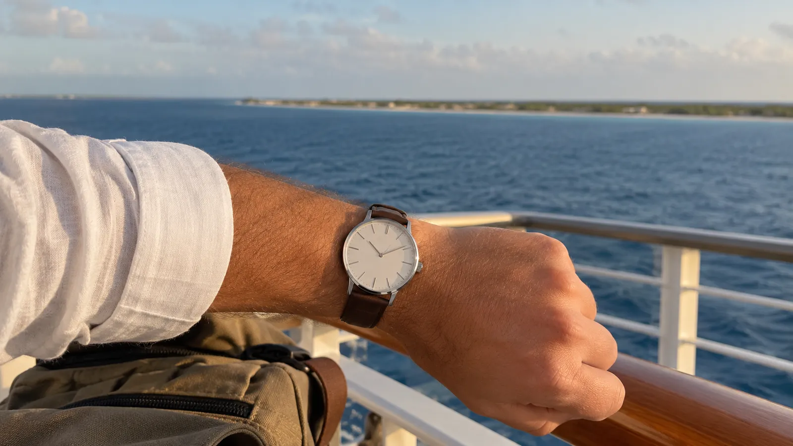 Passenger watch and daypack during a cruise port call. AI-generated illustration.