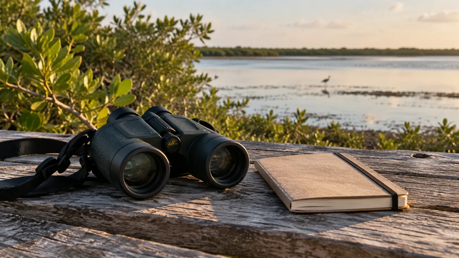 Binoculars and notebook ready for birdwatching. AI-generated illustration.