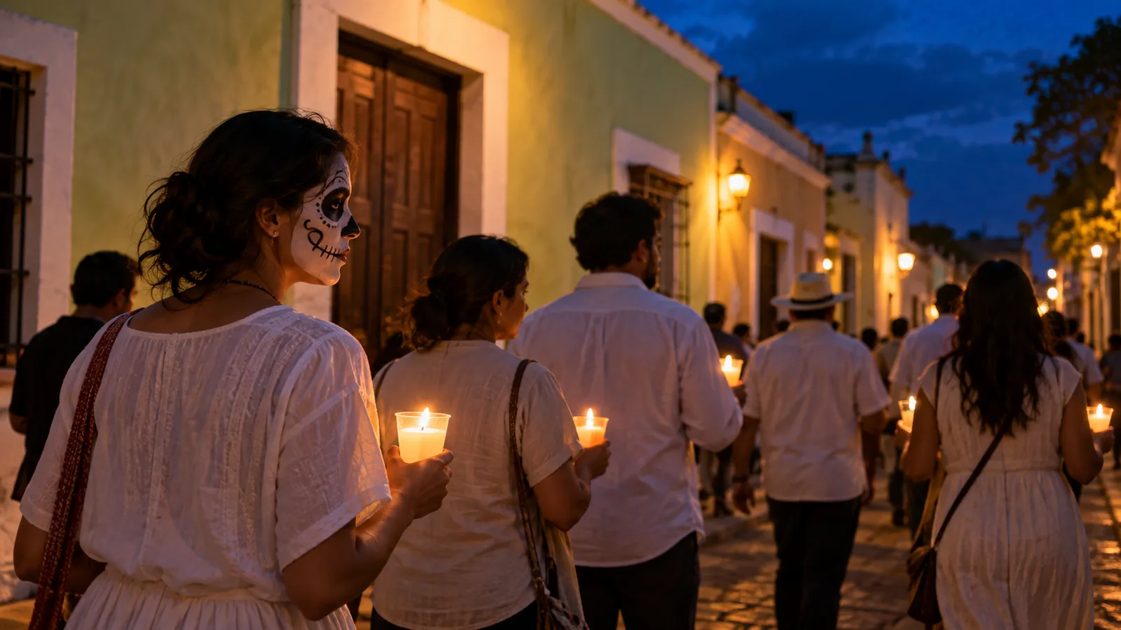 Illustration of an evening procession inspired by the Paseo de las Ánimas. AI-generated illustration.