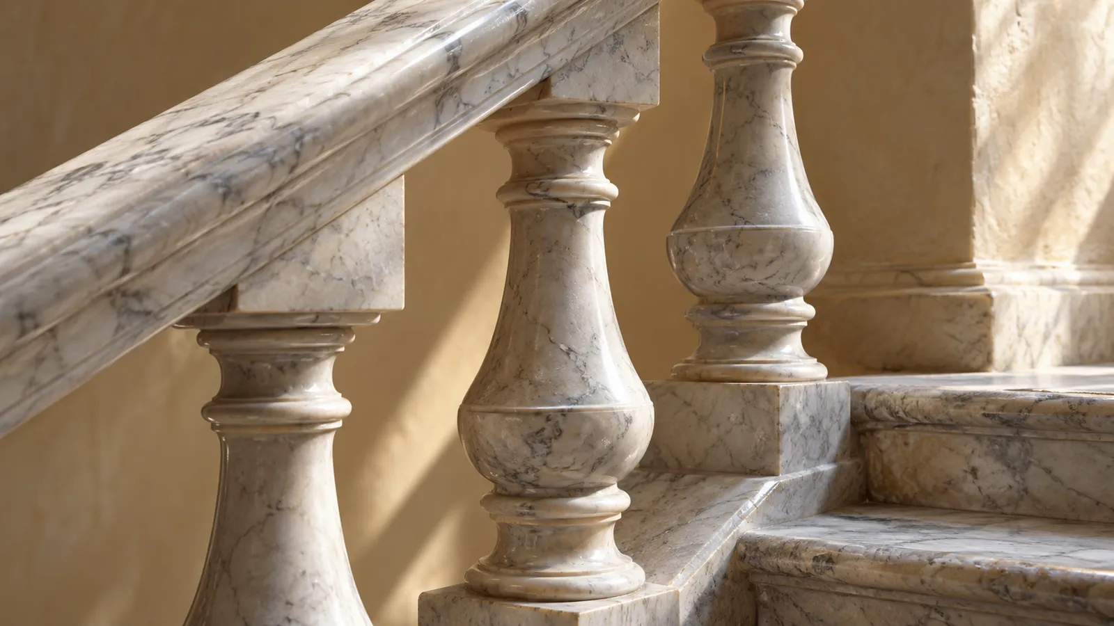 Illustrative detail of marble, balusters and steps in a historic house. AI-generated illustration.