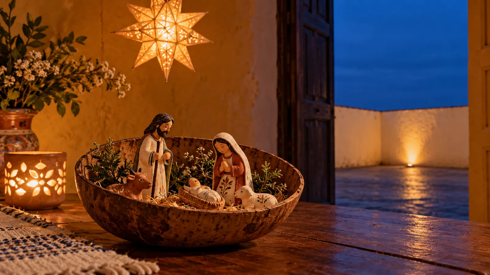 Ilustración de un nacimiento en miniatura dentro de una jícara. Ilustración creada con IA.