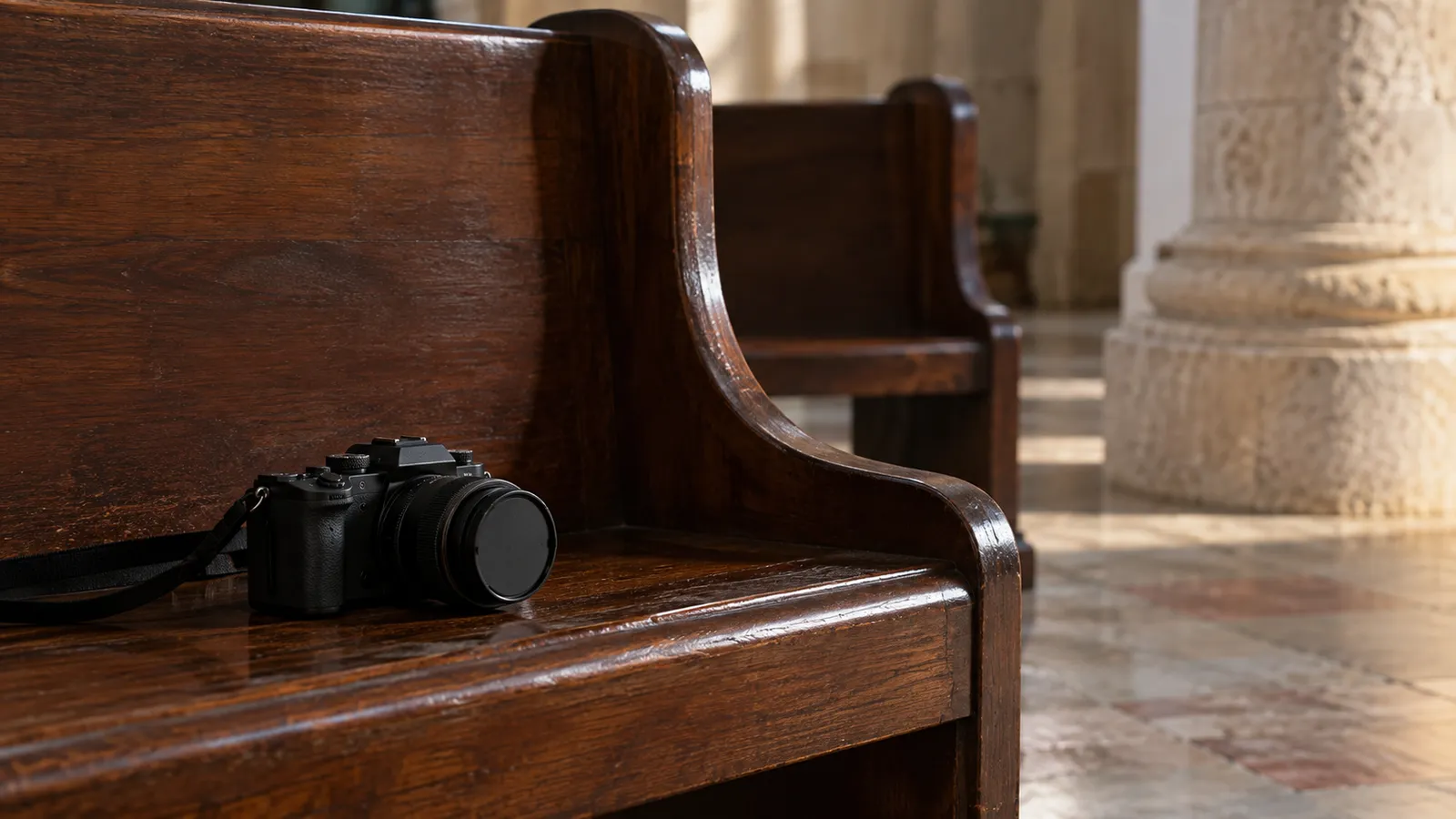 A camera resting unused on an empty pew, illustrating a respectful visit. AI-generated illustration.