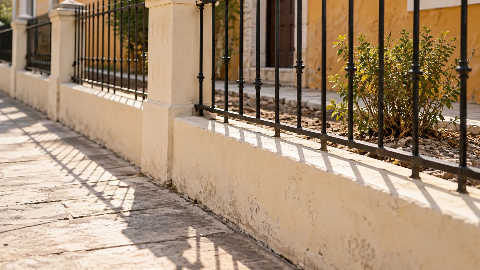 Sidewalk, railing and garden setback in an illustrative urban scene. AI-generated illustration.