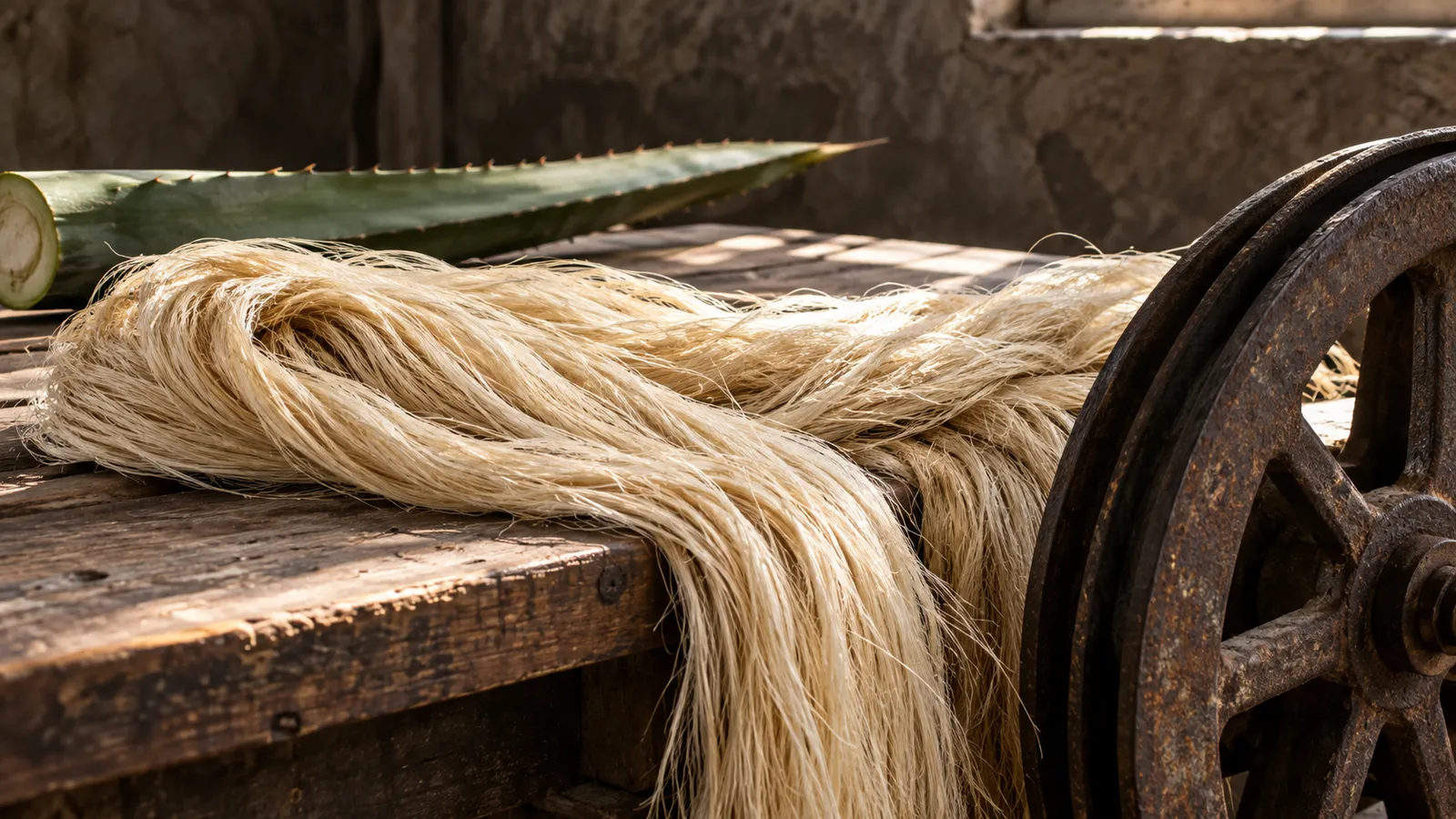 Henequen fiber and a pulley in an illustrative industrial study. AI-generated illustration.