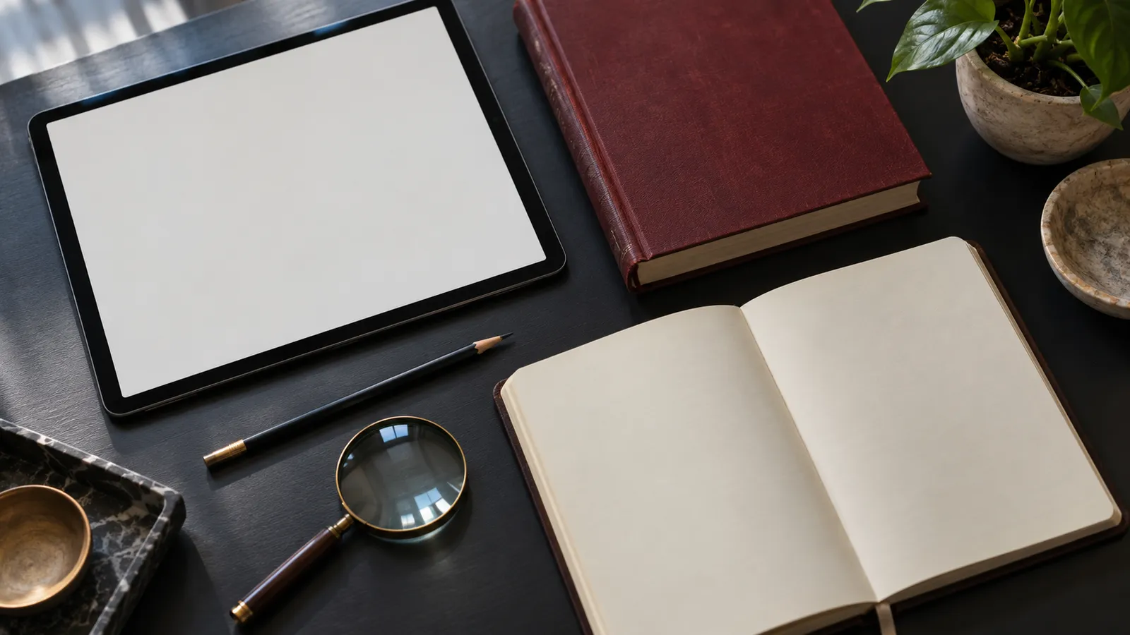 Tableta, lupa y cuaderno para estudiar una inscripción, escena ilustrativa. Ilustración creada con IA.