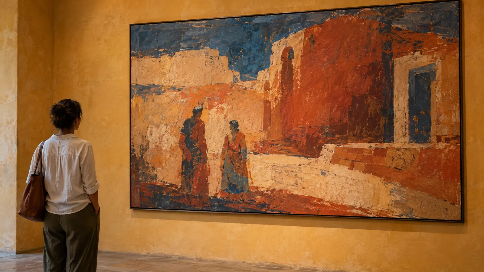 Visitante de espaldas observando una pintura figurativa abstracta original en una galería ilustrativa. Ilustración creada con IA.