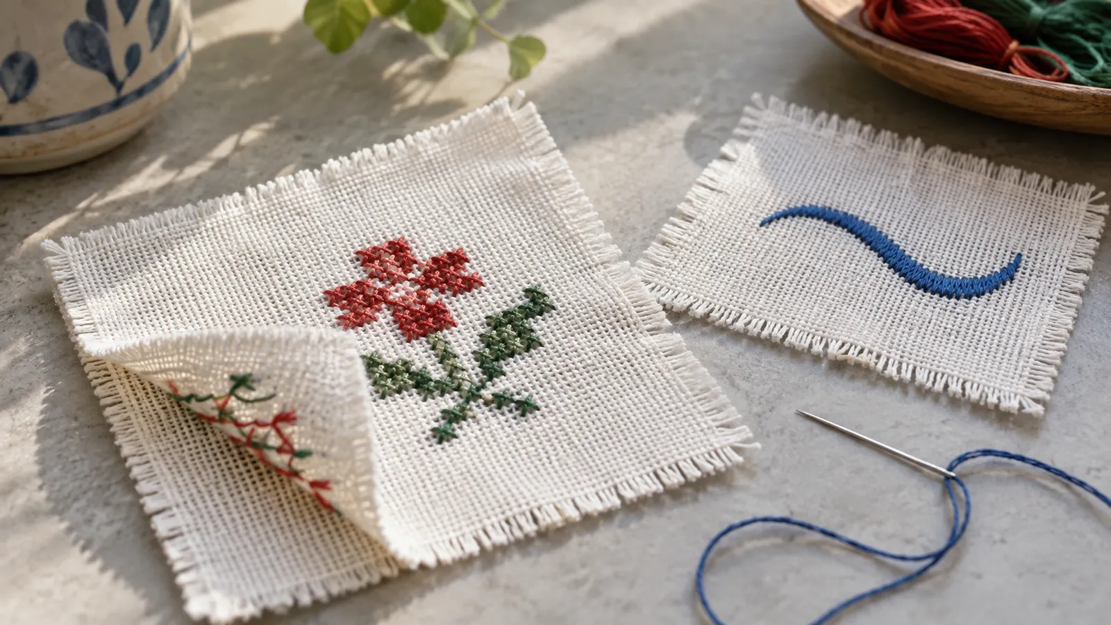 Front and reverse of embroidery samples beside machine stitches. AI-generated illustration.