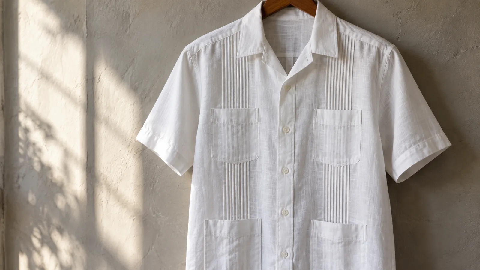 Pliegues, bolsillos y costuras de una guayabera blanca. Ilustración creada con IA.