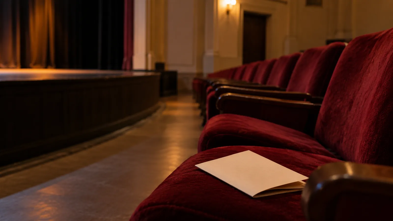 Butacas vacías y programa de mano en una sala teatral ilustrativa. Ilustración creada con IA.