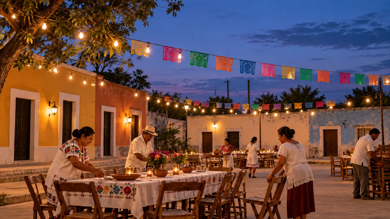 Ilustración de preparativos comunitarios para una fiesta patronal en Yucatán. Ilustración creada con IA.