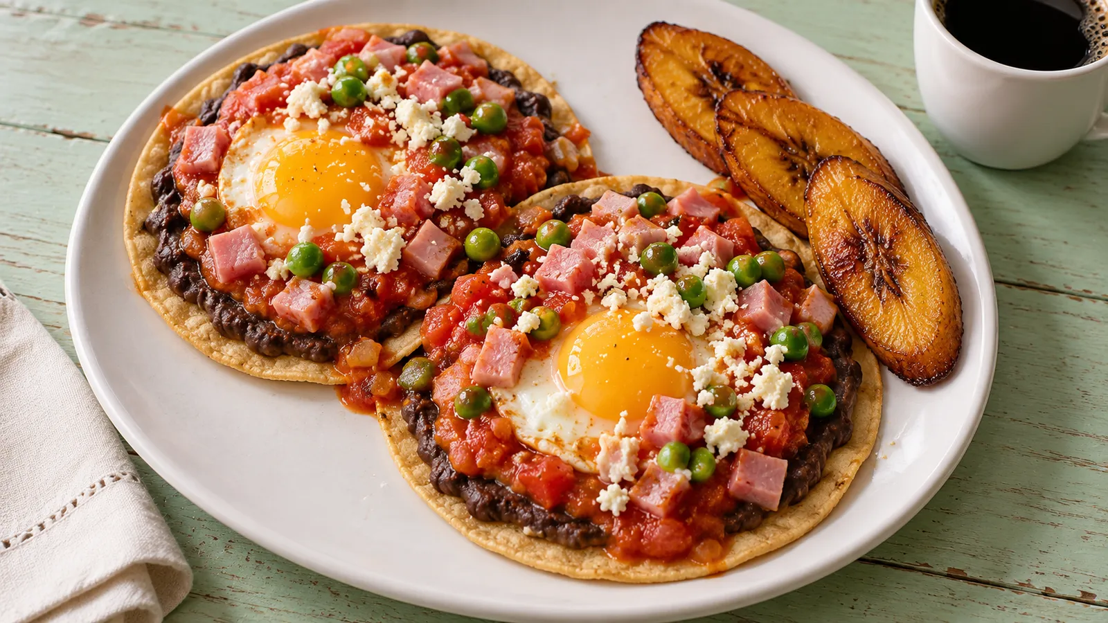 Huevos motuleños con frijoles, salsa de tomate, jamón y plátano frito. Ilustración creada con IA.