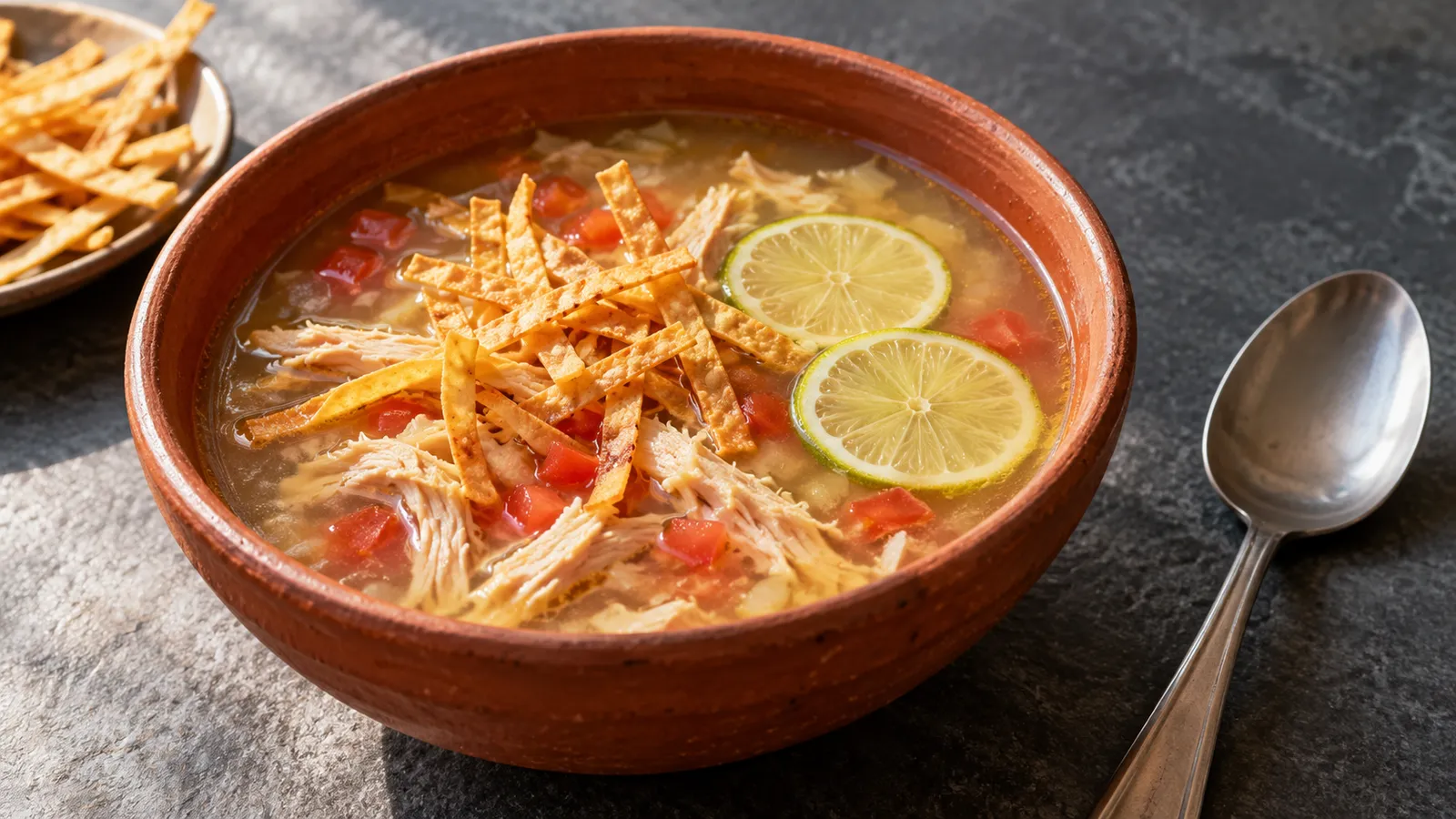 Sopa de lima with shredded chicken and extra tortilla strips served separately. AI-generated illustration.