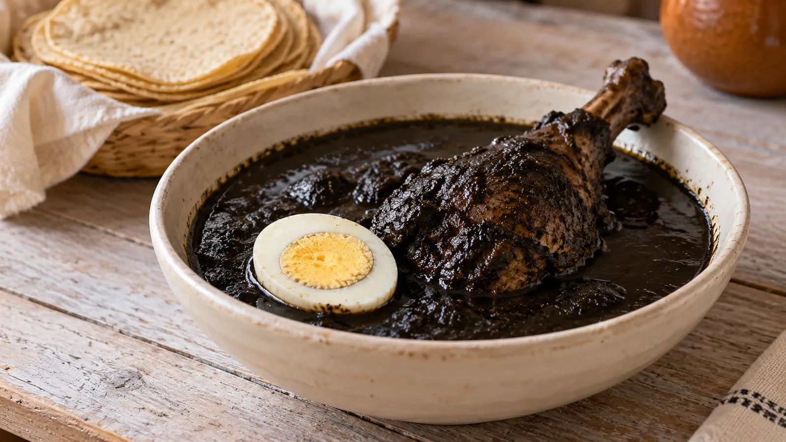 Relleno negro with poultry, hard-boiled egg and tortillas on the side. AI-generated illustration.