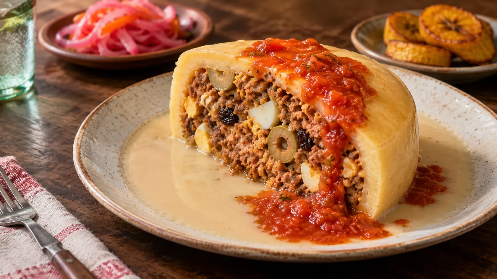 Porción de queso relleno con salsa blanca y salsa de tomate. Ilustración creada con IA.