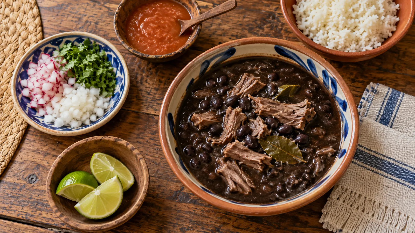 Frijol con puerco servido con rábano, cilantro, cebolla y arroz aparte. Ilustración creada con IA.