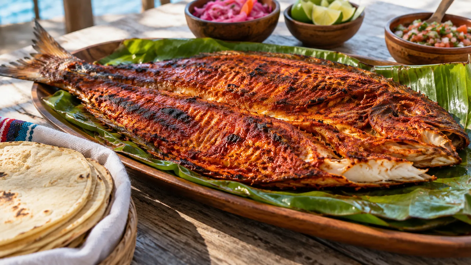 Pescado tikin xic con recado de achiote sobre hoja de plátano. Ilustración creada con IA.