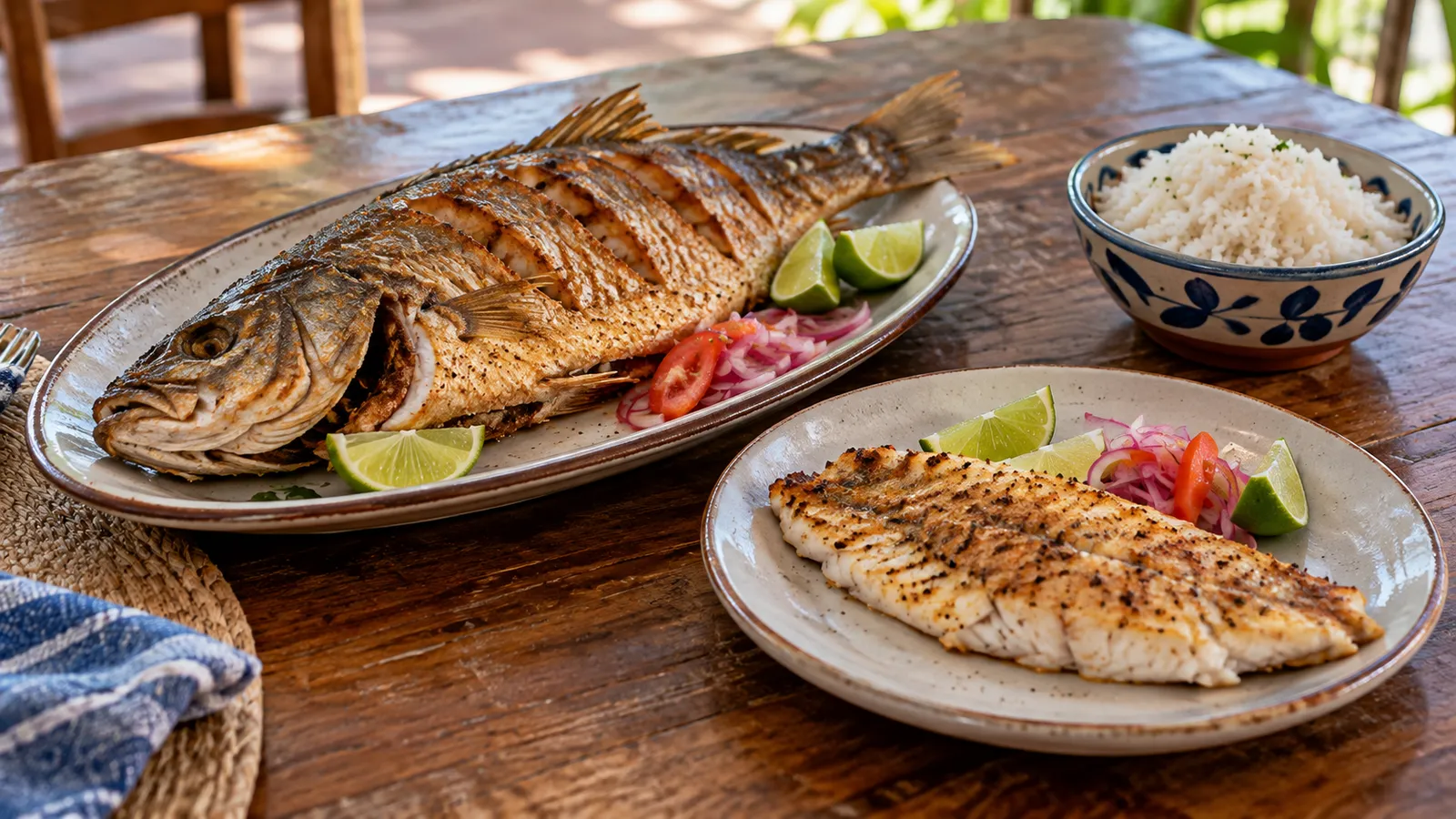 Cooked whole fish and a cooked fillet on separate plates showing different serving formats. AI-generated illustration.