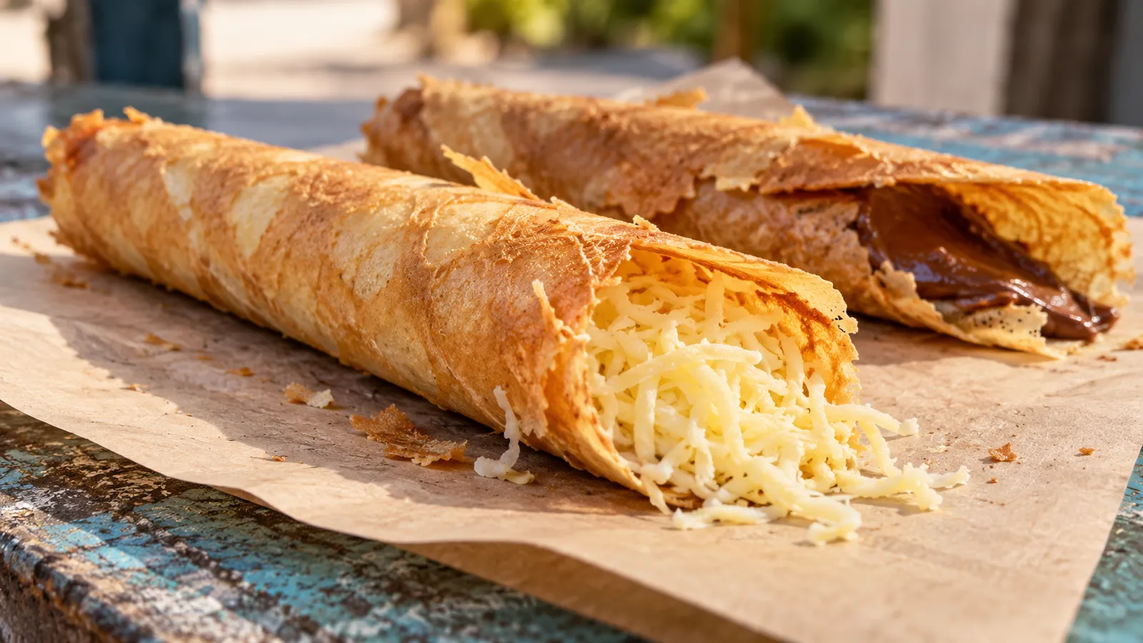 A crisp marquesita with grated Edam cheese visible at one end. AI-generated illustration.