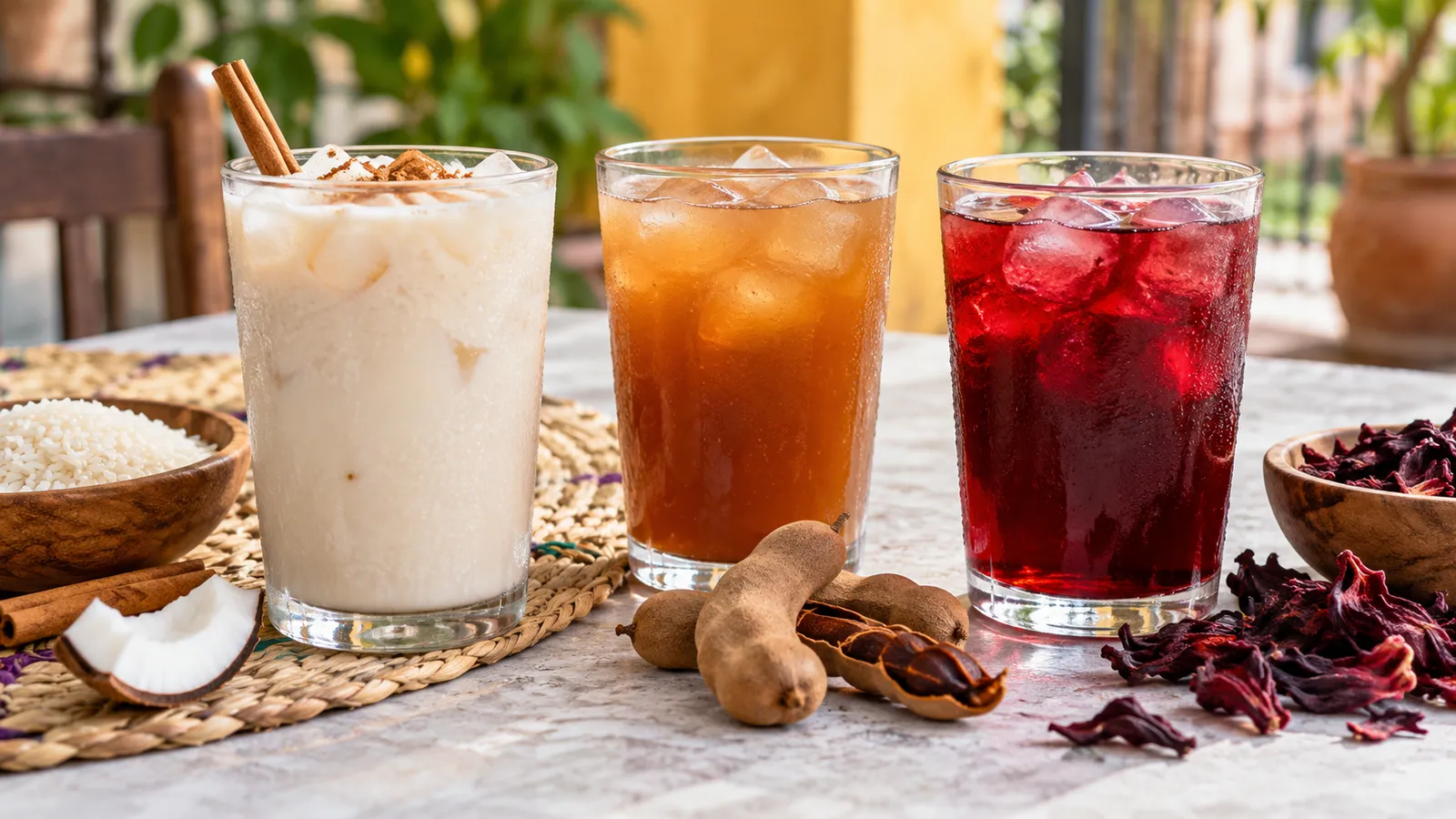 Three glasses of horchata with cinnamon, tamarind agua fresca and hibiscus agua fresca. AI-generated illustration.