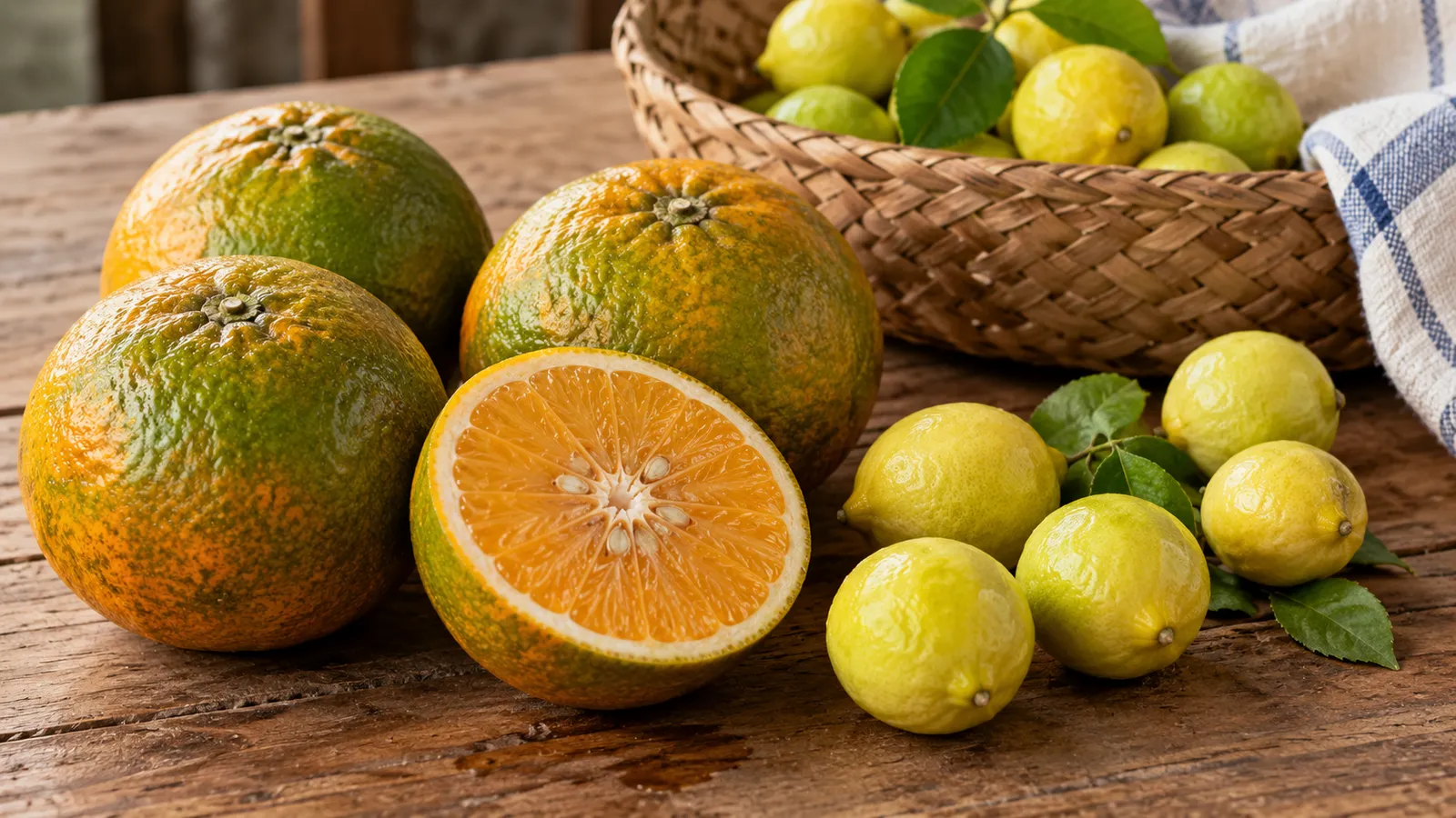 Naranjas agrias y limas de cocina yucateca en una mesa de mercado. Ilustración creada con IA.
